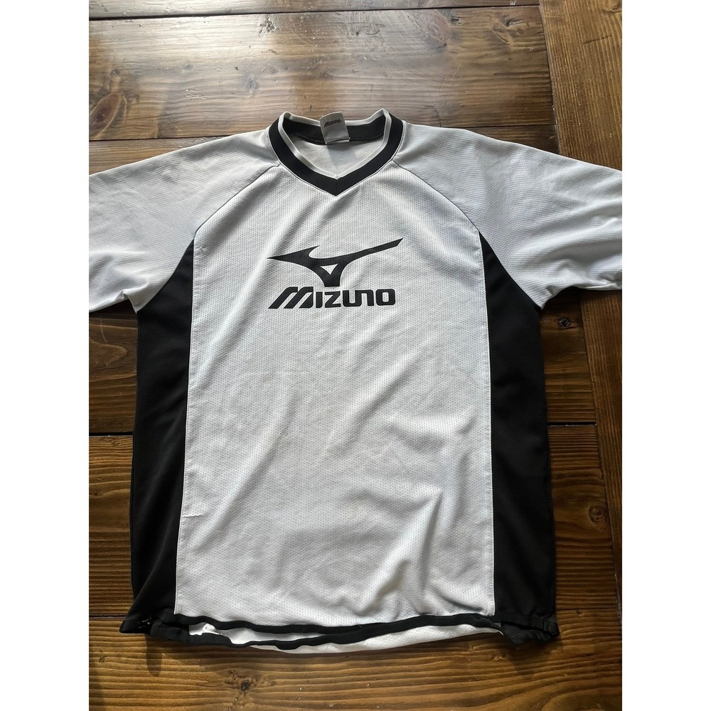 Mizuno Mens Athletic Jersey Shirt White Black V-Neck Mesh Training Top Large